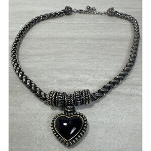 Chunky Black Heart Silver Tone Fashion Costume Necklace